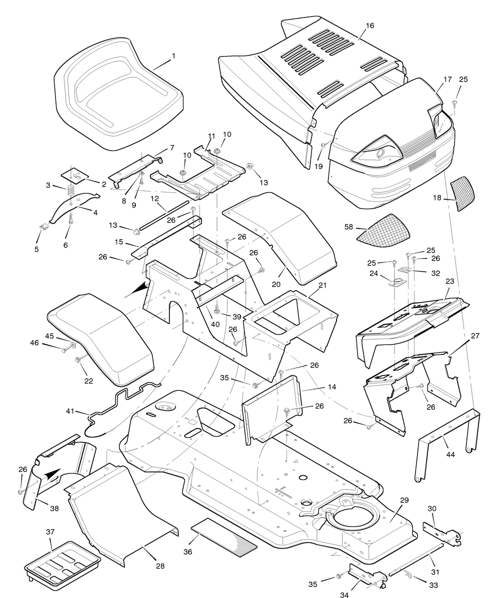 Chassis And Hood Diagram and Parts List for 42910A 1996 Briggs and Stratton Lawn Tractor